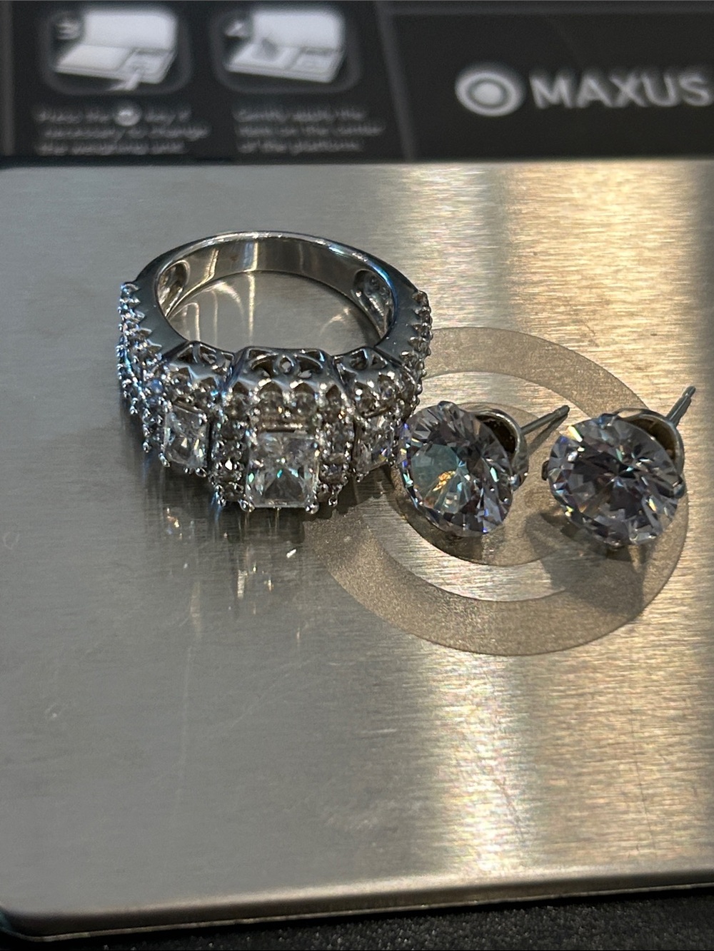 925 Sterling Silver Cubic Zirconia Ring & Stud Earring Jewelry Set Size 7